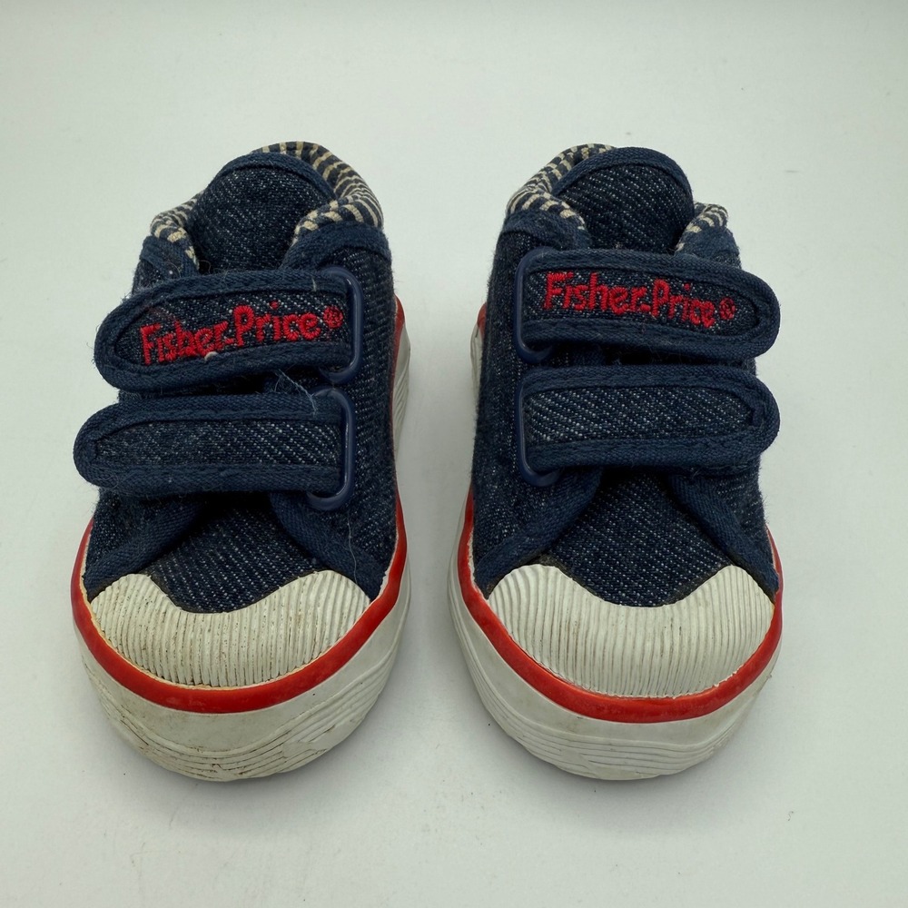 Fisher Price Toddler Sneakers Size 2 Blue Denim Red Stripe Hook Loop Shoes - Picture 2 of 8